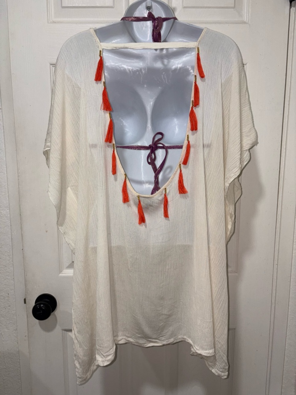 David & Young Sheer Cream Beach Cover-Up Tunic w/Orange and Gold Beaded Tassels